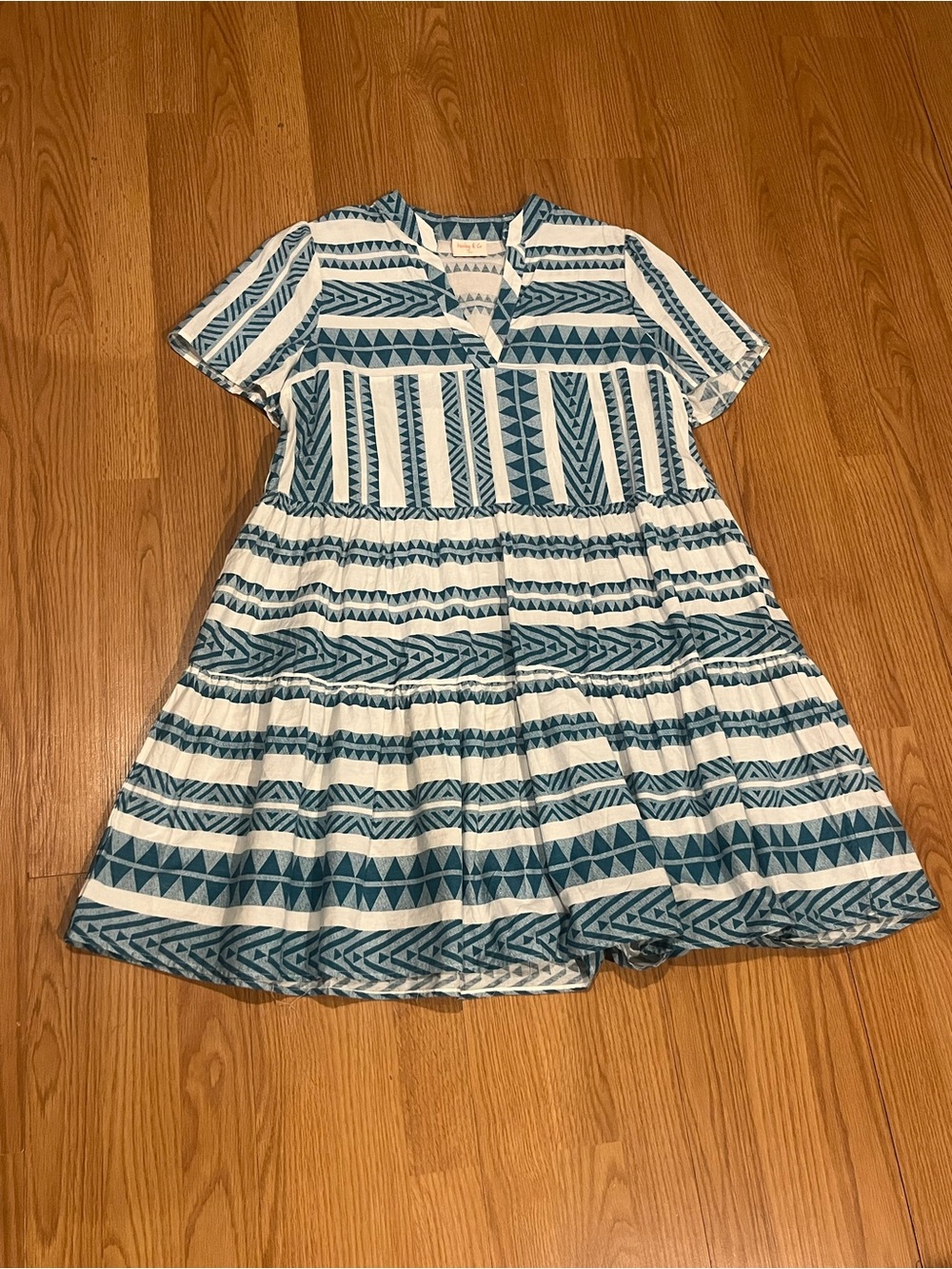 Teal Blue and White Geometric Tiered Mini Dress size M flowy
